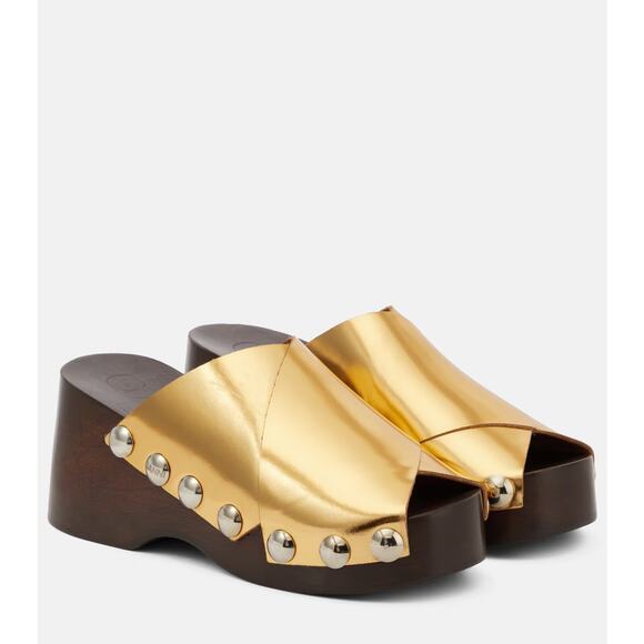 Ganni Metallic Leather Clog Gold Retro Stud Platform Mules Sz 36 / 6 US